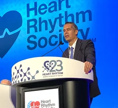 Bradly Knight, MD, Northwestern, presenting a case study on the main stage at HRS 2023. Photo by Dave Fornell
