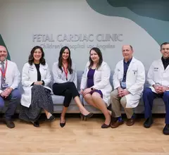 Staff at the new Fetal Cardiac Clinic at the Heart Institute at Children's Hospital Los Angeles. From left, Director of the Heart Institute David Romberger, RN, MSN, CCRN; attending physician Shuo Wang, MD; Executive Director of the Heart Institute Jennifer Klunder, MHA; Director of the Fetal Cardiac Clinic Jodie Votava-Smith, MD; Chief of the Division of Cardiology and Co-director of the Heart Institute Paul F. Kantor, MBBCh, MSc, FRCPC; and congenital cardiac surgeon Luke Wiggins, MD.