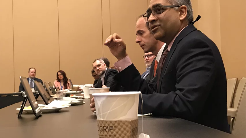 Amit Patel, MD, director, noninvasive cardiovascular imaging and director, Cardiac MRI and CT, University of Virginia, speaks during an informal GE Healthcare breakfast at ACC22 that concentrated on the use of cardiac CT under the new chest pain guidelines released in the fall of 2021. CT was  raised to the top Class 1a level of evidence for use, which has spurred a lot of interest in using CTA more. The session discussion included barriers to CT use, issues with rivalry at some centers between cardiology a