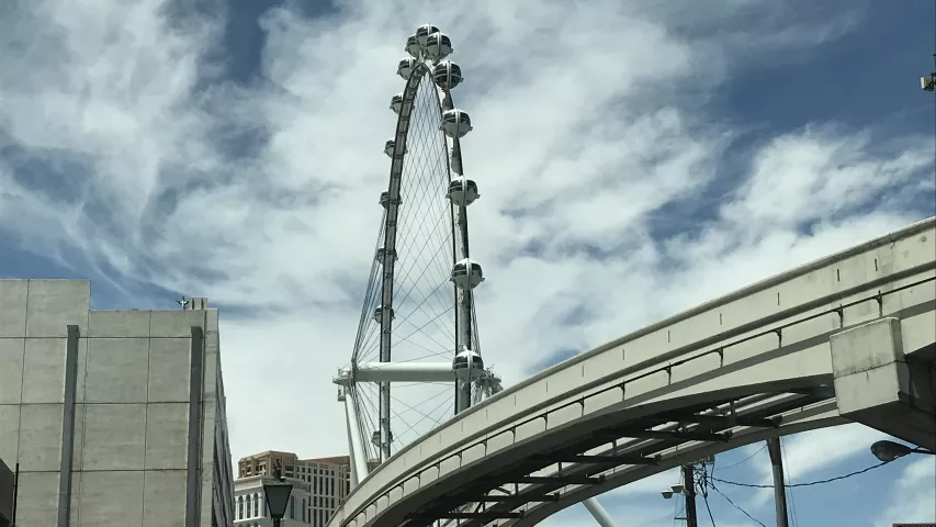 The iconic High Roller Ferris wheel and the monorail track in Las Vegas.