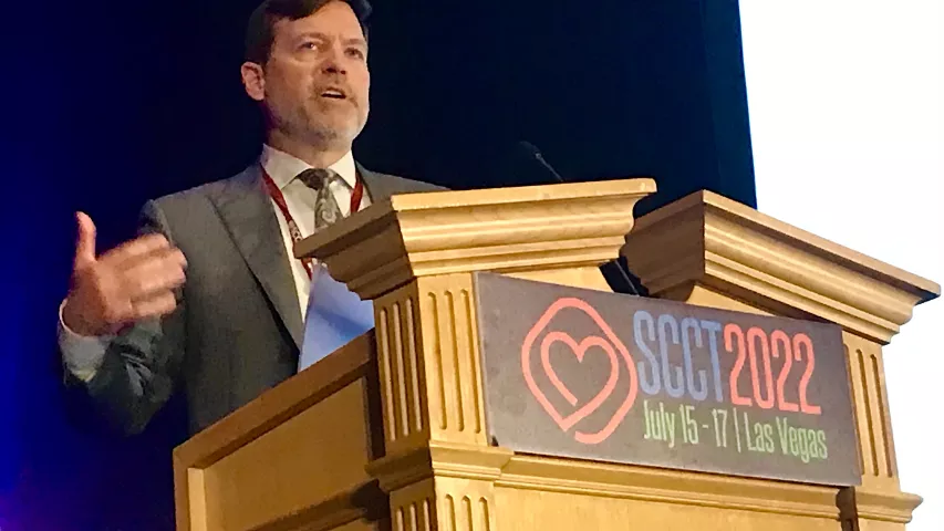 SCCT President Eric Williams, MD, Mayo Clinic, speaks at the opening session of the SCCT meeting. He explained cardiac CT is doing very well and saw a major boost in interest from the 2021 Chest Pain Guidelines, which elevated cardiac CT to a 1A front line imaging recommendation. #SCCT #SCCT2022 #yesCCT #cardiacCT