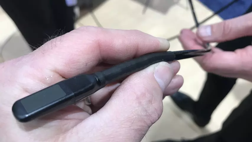 A new, smaller pediatric 3D/4D transesophageal echo (TEE) probe being highlighted at the ACC23 GE Healthcare booth. The smaller probe is easier to insert and image with in smaller patients.