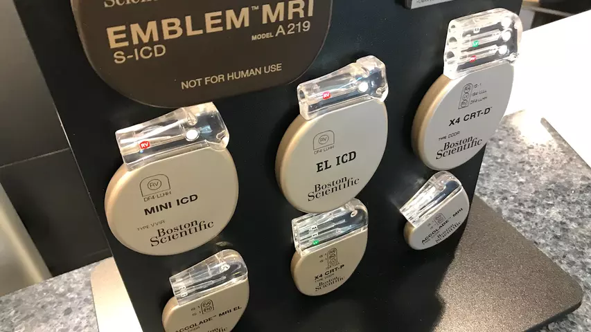 A patient education display of Boston Scientific electrophysiology implantable devices on the counter of the ASC nurses station. 