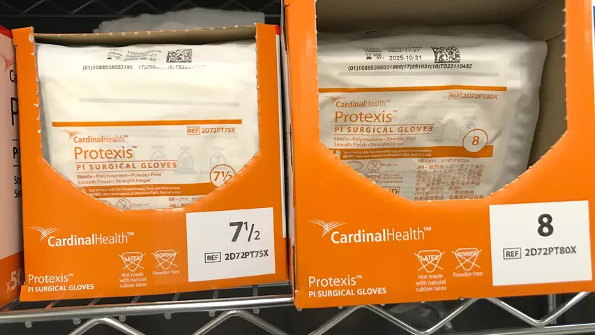 Supplies in a storage room across from the cath labs. gloves_ppe_cath_lab_hospital_banner_cardiac_asc