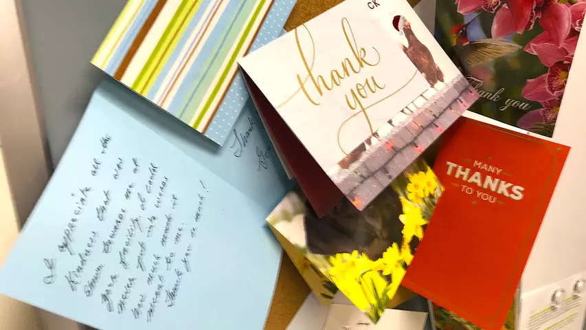 Thank you cards from patients to the physicians and staff in the break room at the Banner Sun City cardiac ASC. Banner ASC in Sun City, Arizona.