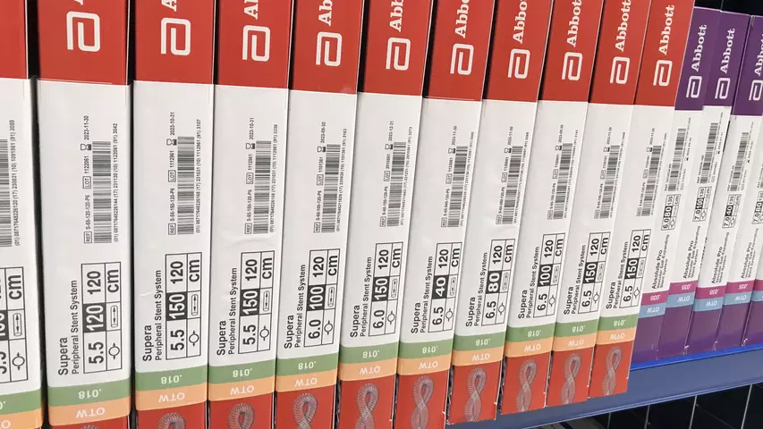 Peripheral artery disease (PAD) stents on s supply shelf in one of the cath labs. Banner ASC in Sun City, Arizona.