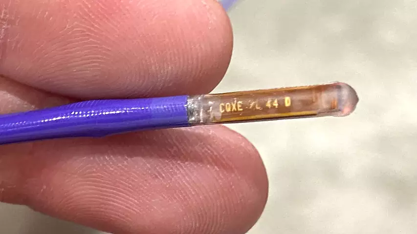 A closeup view of the Biosense Webster NuVision 3D/4D intracardiac echo (ICE) catheter.