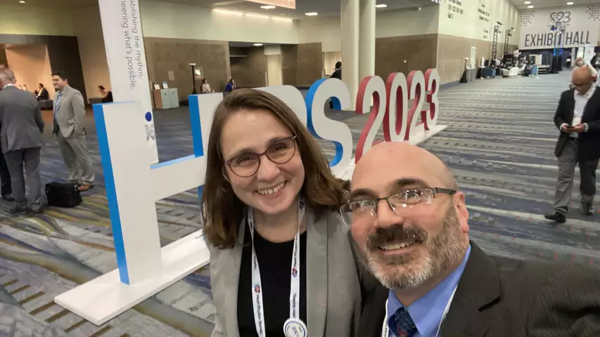 Former HRS President Christine Albert, MD, at Cedars-Sinai, and Cardiovascular Business Editor Dave Fornell at HRS 2023.