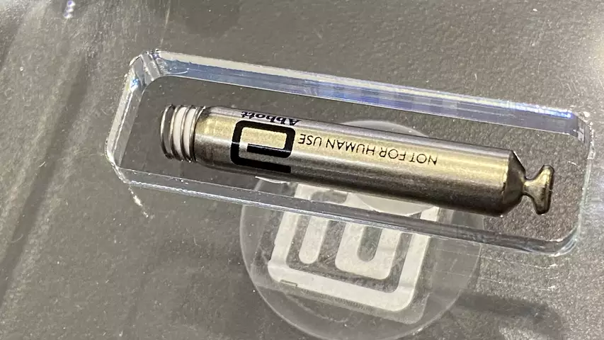 Abbott Aveir VR leadless pacemaker displayed at HRS 2023. Photo by Dave Fornell
