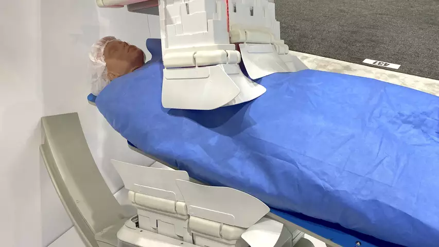 Radiaction radiation protection system for scatter in the cath and EP lab on display at HRS 2023. Photo by Dave Fornell