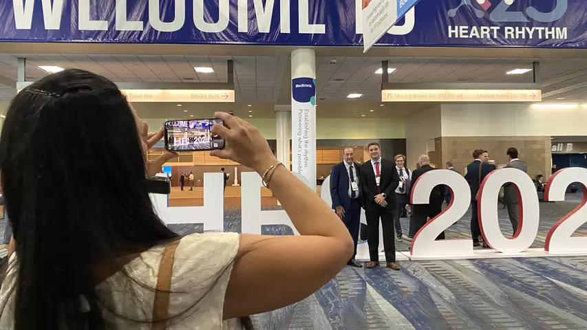 The large HRS logo was the popular selfie photo spot during Heart Rhythm 2023.