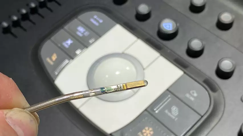 A closeup view of the Philips VeriSight 3D intracardiac echo (ICE) probe. 3D ICE has gained a lot of attention the past couple years because the new technology offers the ability to visualize procedures inside the heart with image quality almost as good as TEE. ICE is seeing use in LAA occluder procedures, mitral and tricuspid valve repairs. 