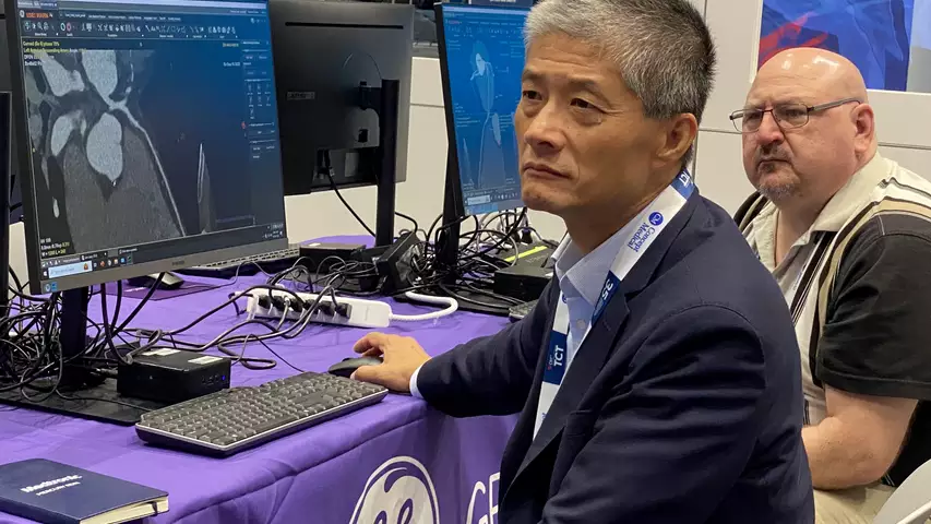 Coronary CCTA cardiac CT training for interventional cardiologists, GE session at TCT 2023. Photo by Dave Fornell