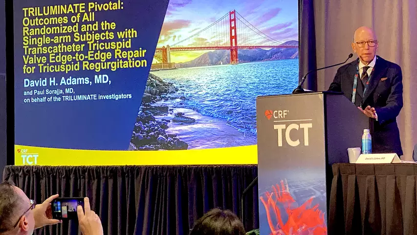 David Adams, MD, cardiac surgeon, Mt. Sinai, speaks at a late-breaking clinical trial press conference on the results of the TRILLUMINATE trial at TCT 2023. Photo by Dave Fornell