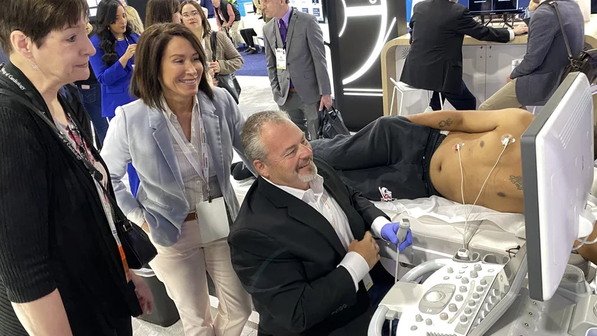 Demonstration of the Siemens Origin cardiac ultrasound at ACC.24. The system was released in 2023 and offers an AI driven workflow to help automate all the common cardiac echo measurements, including strain, to greatly speed workflow and reproducibility.