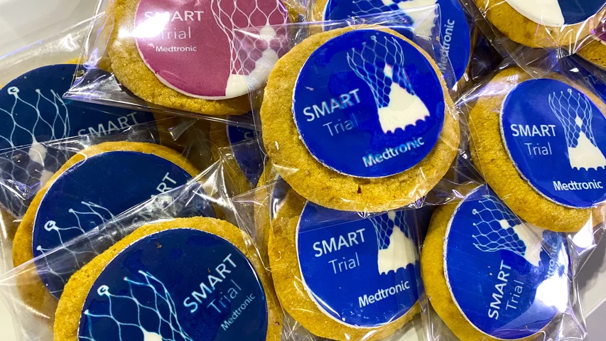 Medtronic passed out cookies celebrating the results of the SMART trial which showed the Evolut TAVR system had better outcomes in small annulus patients.