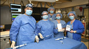 Hackensack Meridian Jersey Shore University Medical Center EP lab staff that performed the first dual-chamber leadless pacemaker implant at the hospital. From left is Mark Mascarenhas, MD, Toni Donovan RN, BSN, CVN; Tim StJean, R.N. trainee; Liz Bianchini RN; and Melissa D'Altilio, RN, with the Abbott Aveir DR pacemaker technology. #EPeeps #EPlab #Aveir 