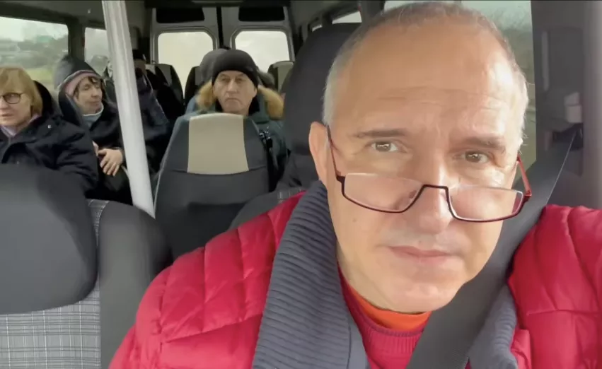 Dr. Borys Todurov, director at the Heart Institute Hospital of the Ministry of Health of Ukraine, Kyiv, driving a van full of cardiac patients who are being evacuated from a smaller hospital in the Kyiv, Ukraine suburb of Irpin, which came under artillery fire this past week from Russian artillery.