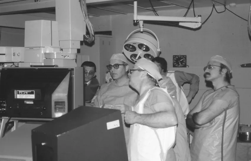 Harry Lee Page Jr., MD, performing the first coronary angiography in the Mid-South region in 1979. The photograph was taken by Rand Frederiksen and is a part of VUMC Through Time: A Photographic Archive. For more information: https://eblthroughtime.library.vanderbilt.edu/items/show/11753