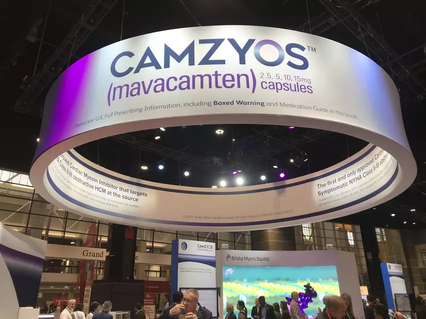 There has been an explosion of interest in cardiology in diagnosing and treating hypertrophic cardiomyopathy (HCM) since the the FDA approval of the first HCM drug treatment Camzyos (mavacamten). Booth photo from the American Heart Association (AHA) 2022 meeting. Photo by Dave Fornell