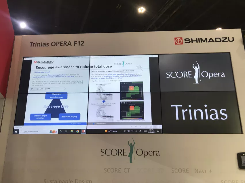 The Shimadzu Trinias Opera F12 angiography system has a feature that shows cumulative dose to the patient on the overhead screen from different working angles. #RSNA22