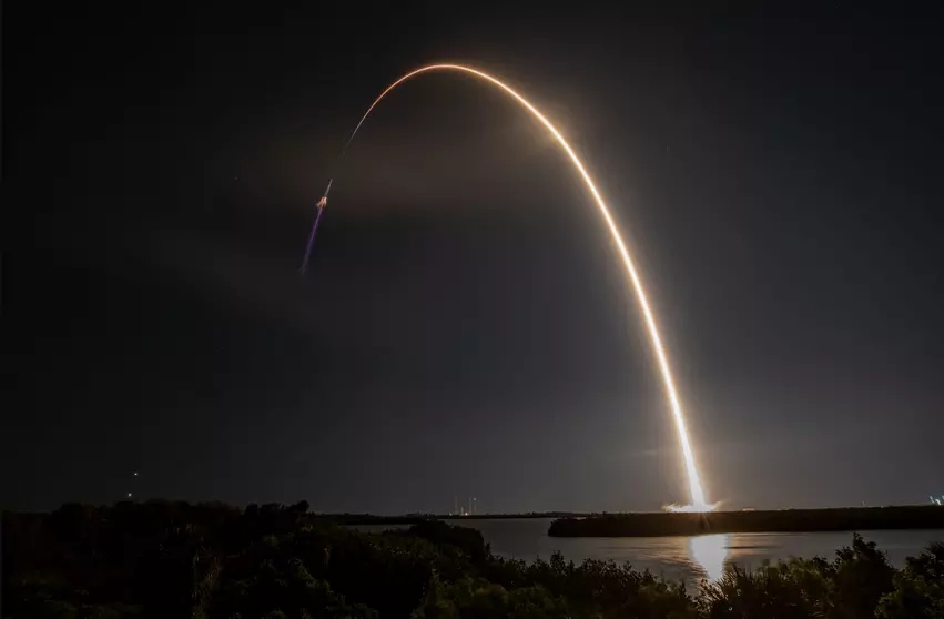 The SpaceX Falcon 9 ISS resupply rocket carrying two cardiac experiments soars upward after liftoff fromNASA’s Kennedy Space Center in Florida on March 14, 2023. Image courtesy of SpaceX