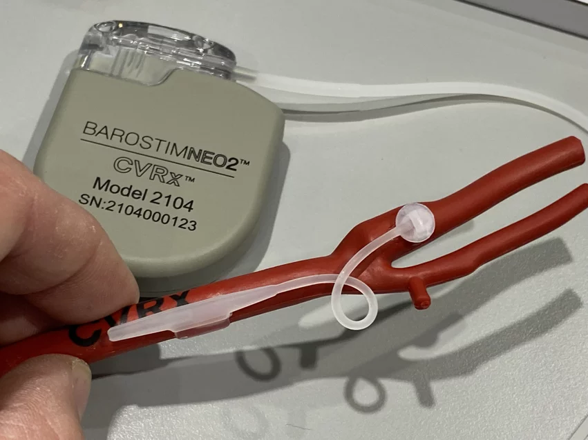 Barostim Neo 2 CVRx heart failure nerve stimulator on display at HRS 2023. Photo by Dave Fornell