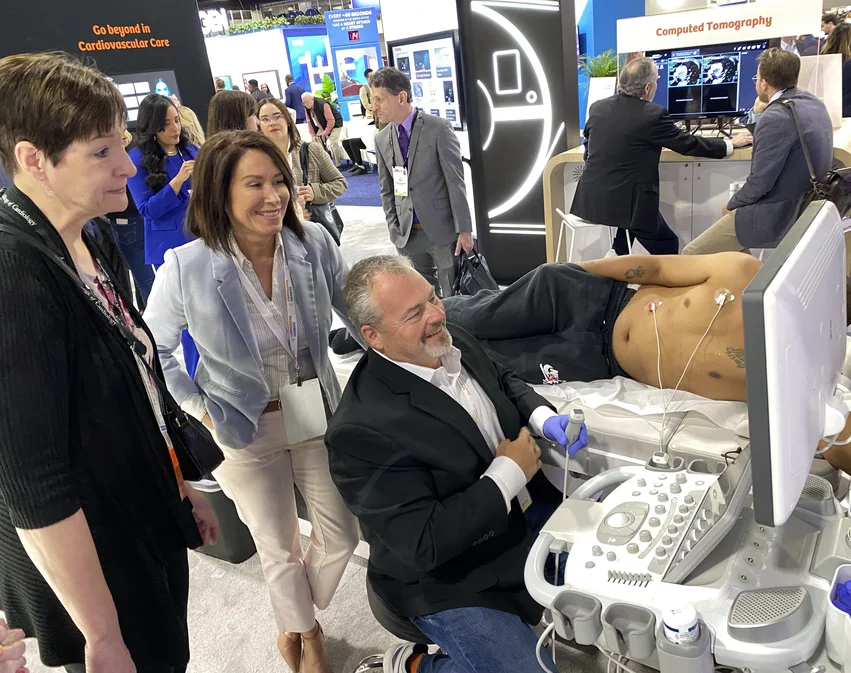 Demonstration of the Siemens Origin cardiac ultrasound at ACC.24. The system was released in 2023 and offers an AI driven workflow to help automate all the common cardiac echo measurements, including strain, to greatly speed workflow and reproducibility.