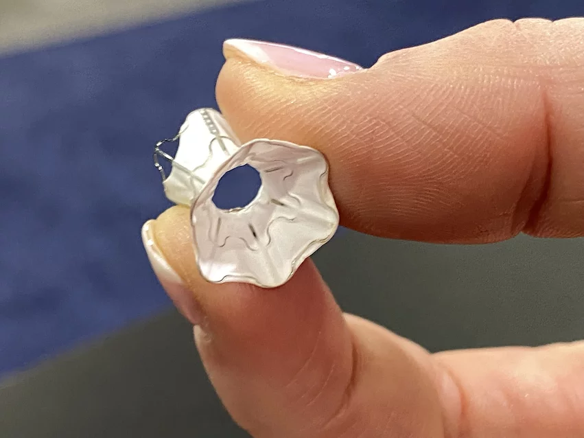 The V-Wave intra-atrial shunt to treat heart failure on display on the expo floor at ACC.24. The device was used in one of the late breaking trials at ACC. DF 3