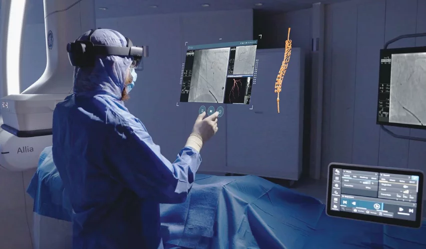 Augmented reality was recently integrated with GE Healthcare's Allia IGS angiography imaging platform through a partnership with MediView XR Inc.. It enables interventional cardiologists to look at true 3D images and manipulate them with hand movements without breaking the sterile field. 