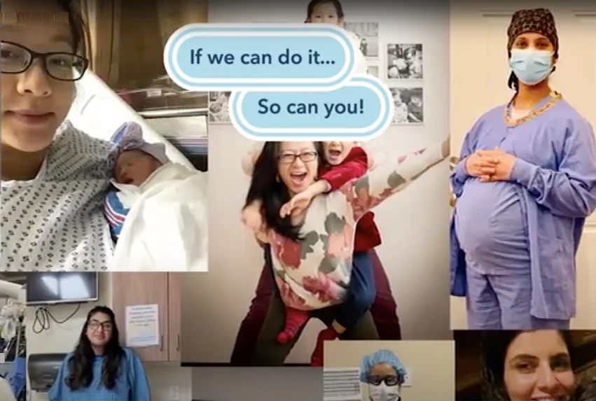 A screen shot from the SCAI WIN radiation dose safety campaign video aimed at recruiting more women into interventional cardiology, It shows numerous interventional cardiologists who worked while pregnant and had healthy children. This is one of the big concerns among women when thinking aboit entering interventional cardiology and is a contributor of why women only make up 8% of interventional residents.