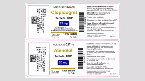 FDA recall. The medications involved are atenolol, which treats hypertension, and clopidogrel, which reduces the risk of an acute myocardial infarction (AMI) or stroke among patients with a history of AMI, severe chest pain or circulation problems.