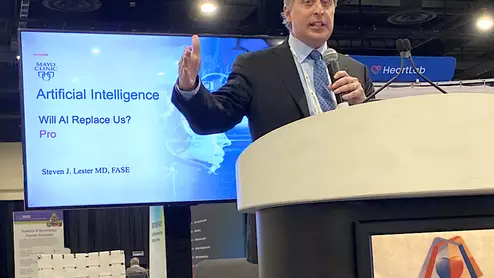 Steven Lester, MD, Mayo Clinic, explains how AI will soon revolutionize the echo lab. Photo by Dave Fornell. #ASE #ASE360