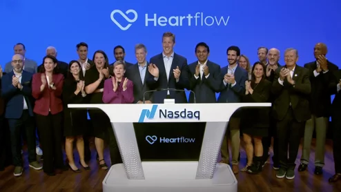 Heartflow president and CEO John Farquhar celebrate the company's IPO by ringing Nasdaq's the ceremonial opening bell.