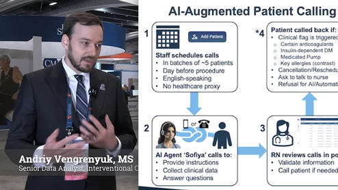 Andriy Vengrenyuk, MS, senior data analyst for interventional cardiology at the Icahn School of Medicine at Mount Sinai, explains a pilot program where artificial intelligence (AI) virtual agents call patients prior to their cath lab procedures to save nursing staff time doing administrative tasks.