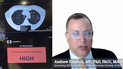 Andrew Einstein, MD, PhD, FACC, MASNC, MSCCT, FSCMR, incoming 2027 president of the American Society of Nuclear Cardiology (ASNC), professor of medicine in radiology, and director of nuclear cardiology, cardiac CT and cardiac MRI at Columbia University Irving Medical Center/NewYork-Presbyterian Hospital, discusses the potential and limitations of using coronary CT angiography (CCTA) as a screening modality. He also discusses the role of opportunistic imaging.