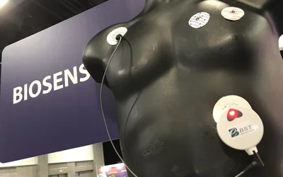 A wearable cardiac monitor from BioSenseTek, which offers 720 hours of battery life, connectivity within 100 meters of a base station and is waterproof so patients can shower. It is designed for use in general wards and for home monitoring. The device has European CE mark and has been submitted for FDA review. #ACC22