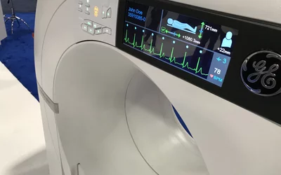 The GE/Arineta Cardiographe dedicated cardiac CT scanner in the GE booth at ACC. This small footprint system was designed to produce the best cardiac imaging possible. The small size was meant for use in small office spaces and out-patient clinics. With the new 2021 chest pain evaluation guidelines, cardiac CT was elevated to a Class 1a indication, so there was a lot of interest in this system. #ACC22