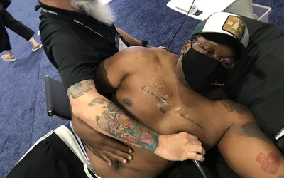 A few vendors were imaging "patients" with ultrasound on the expo floor this year. This was a demo in the Butterfly Network booth, where the technology uses an ultrasound probe, an app and an iPhone or iPad to image a patient for a basic cardiac exam. #ACC22 @Butterflynetwork