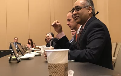 Amit Patel, MD, director, noninvasive cardiovascular imaging and director, Cardiac MRI and CT, University of Virginia, speaks during an informal GE Healthcare breakfast at ACC22 that concentrated on the use of cardiac CT under the new chest pain guidelines released in the fall of 2021. CT was  raised to the top Class 1a level of evidence for use, which has spurred a lot of interest in using CTA more. The session discussion included barriers to CT use, issues with rivalry at some centers between cardiology a