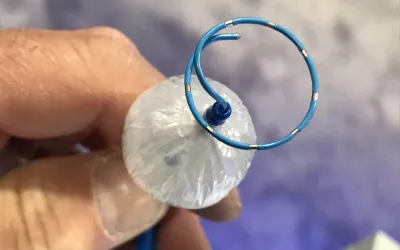 This is the Medtronic Arctic Front cryoablation catheter used for pulmonary vein isolation (PVI) to treat arrhythmias in the EP lab. It was on display in the vendor's booth at ACC.22. This technology has been used as a replacement for point-to-point ablation catheters because it greatly speeds procedure time and creates a better ablation scar to eliminate spaces between points where errant electrical signals can still make it through and continue to cause problems for the patient. #ACC22
