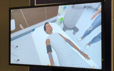 View an attendee sees of a virtual patient in their VR goggles using a SimXvr system. VR is being used by a couple vendors to help train clinicians. #ACC22