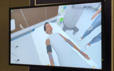 View an attendee sees of a virtual patient in their VR goggles using a SimXvr system. VR is being used by a couple vendors to help train clinicians. #ACC22