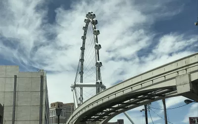 The iconic High Roller Ferris wheel and the monorail track in Las Vegas.