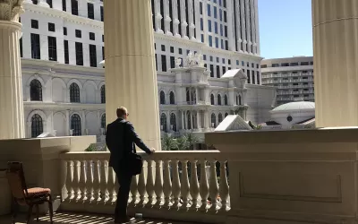 A SCCT attendee taking a break between sessions just outside the meeting rooms overlooking the vast Caeser's Palace pool. #SCCT2022