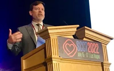 SCCT President Eric Williams, MD, Mayo Clinic, speaks at the opening session of the SCCT meeting. He explained cardiac CT is doing very well and saw a major boost in interest from the 2021 Chest Pain Guidelines, which elevated cardiac CT to a 1A front line imaging recommendation. #SCCT #SCCT2022 #yesCCT #cardiacCT