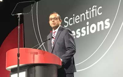 Manesh R. Patel, MD, FACC, FAHA, chair of AHA Scientific Sessions program, chief, Division of Cardiology, chief of the Division of Clinical Pharmacology, and professor of medicine at Duke University School of Medicine, speaks at the opening session of AHA 2022. 