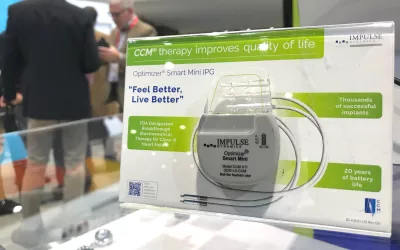 Examples a pacemaker-like device to help manage heart failure displayed on the American Heart Association (AHA) expo floor. The Impulse Dynamics Optimizer device operates by delivering precisely timed electric pulses called cardiac contractility modulation therapy. Patients receiving CCM therapy experience a higher quality of life by reducing CHF symptoms such as overwhelming shortness of breath and fatigue. #AHA22