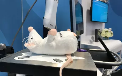 Preclinical echo system for cardiac evaluation of mice used in studies on display by Fujifilm on the AHA 2022 expo floor.