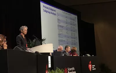 Pam Douglas, MD, principal investigator of the PRECISE trial, delivers the results during a late-breaking session at AHA. The study was one of the big headliners, showing CT imaging with FFR-CT can improve patient outcomes and care as compared to the current standard of care. #AHA22
